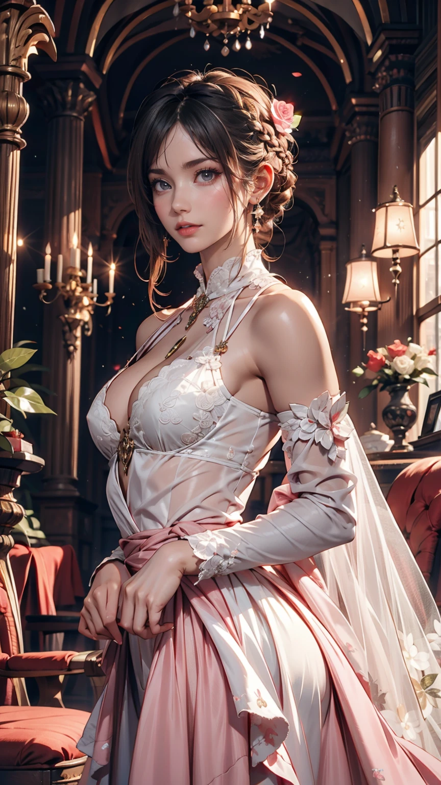 woman, Severe, elegant, Pink Dress, Aristocratic, silver element, Long nails, Exposing shoulders, Hairstyle, Put your hair up, Braids and ponytails, Messy, arrogant, Absurd, Detailed dress, Royalty, celebration, Hall decorated with flowers, Cowboy Shot, Portraiture, (Highest quality), (masterpiece), (Very detailed), (4K)