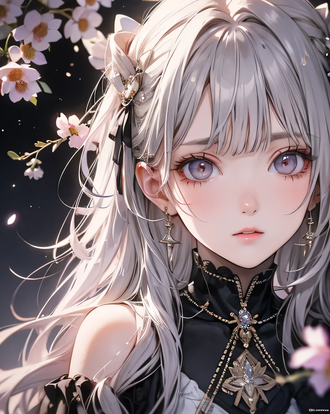 High resolution, 4K, Masterpiece, Best night, full moon, One beautiful woman, Mature Woman, Cold Face, Expressionless, (Beautifully detailed face), silvery white, Long Hair, Pale pink lips, calm, intellectual, Three Belts, Grey Eyes, assassin, Flowers,