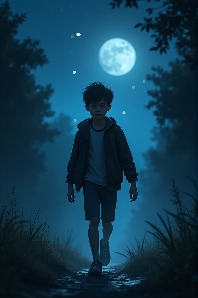 A boy walks in the darkness full of enthusiasm