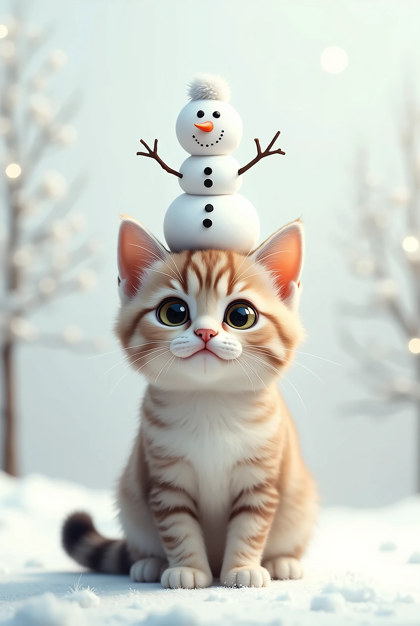 Cat with a snowman on its head、cute、Digital Art、photo、