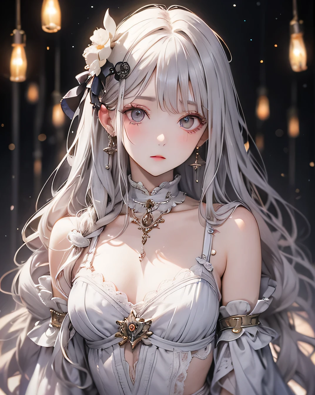 High resolution, 4K, Masterpiece, Best night, full moon, One beautiful woman, Mature Woman, Cold Face, Expressionless, (Beautifully detailed face), 　　　　　silvery white, Long Hair, Pale pink lips, calm, intellectual, Three Belts, Grey Eyes, assassin, Flowers,