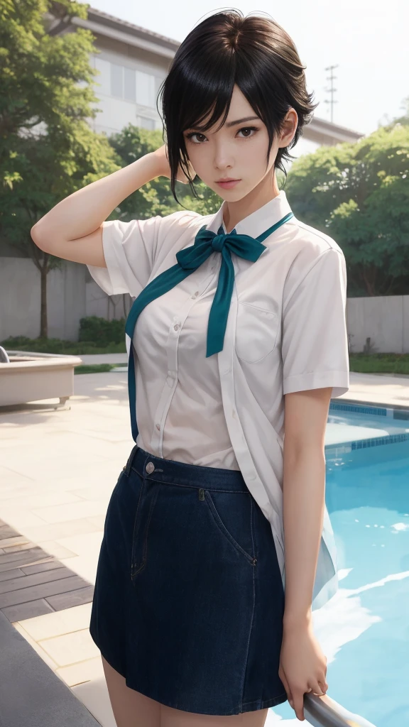 garoto de anime de saia curta e camisa posando next to a pool, soft anime cg art, a hyperrealistic female student, next to a pool, seductive anime girl, hyperrealistic female student, makoto shinkai and artgerm, beautiful anime pose, makoto, full-length portrait of a short!, Makoto Shinkai style, Also