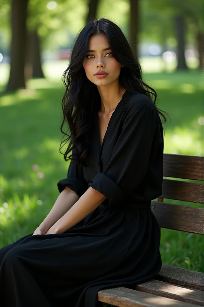 Woman with black hair and green eyes wearing a black shirt and black skirt sitting on a bench in a park