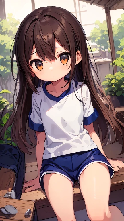 Beautiful illustrations, Highest quality、Medium Brown Hair、Side Tail、White short sleeve shirt、(Navy blue shorts、Wide leg shorts、Shorts and thigh gap、Wide opening in shorts:1.3)、(body操服)、 body、Flat body