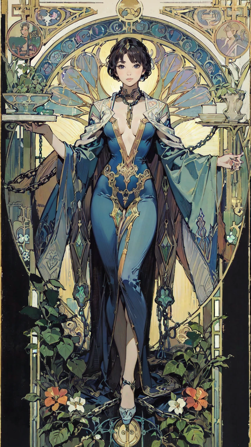 Detailed Background、Mucha style、Art Nouveau、The plants form chains around the subject&#39;s arms and legs.、(White underwear:1.2)、(masterpiece、Highest quality、Highest quality、Detailed and careful line drawings)、Vintage Color、colorful、Anatomically correct、Written boundary depth、Flat Shading、Bokeh、(Toned body, Thick thighs:1.2))、((Showing off your armpits)、Armpit hair grows)、Pussy、Camel Toe、Expressive eyes、Perfect Face、Black Hair、Okabo Hair、still、She is blushing、Browsing Caution