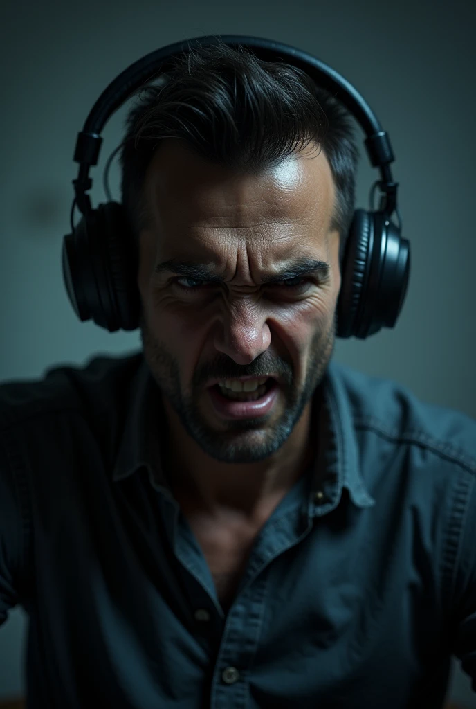 Create an image of a men listening to music with tense and enger
