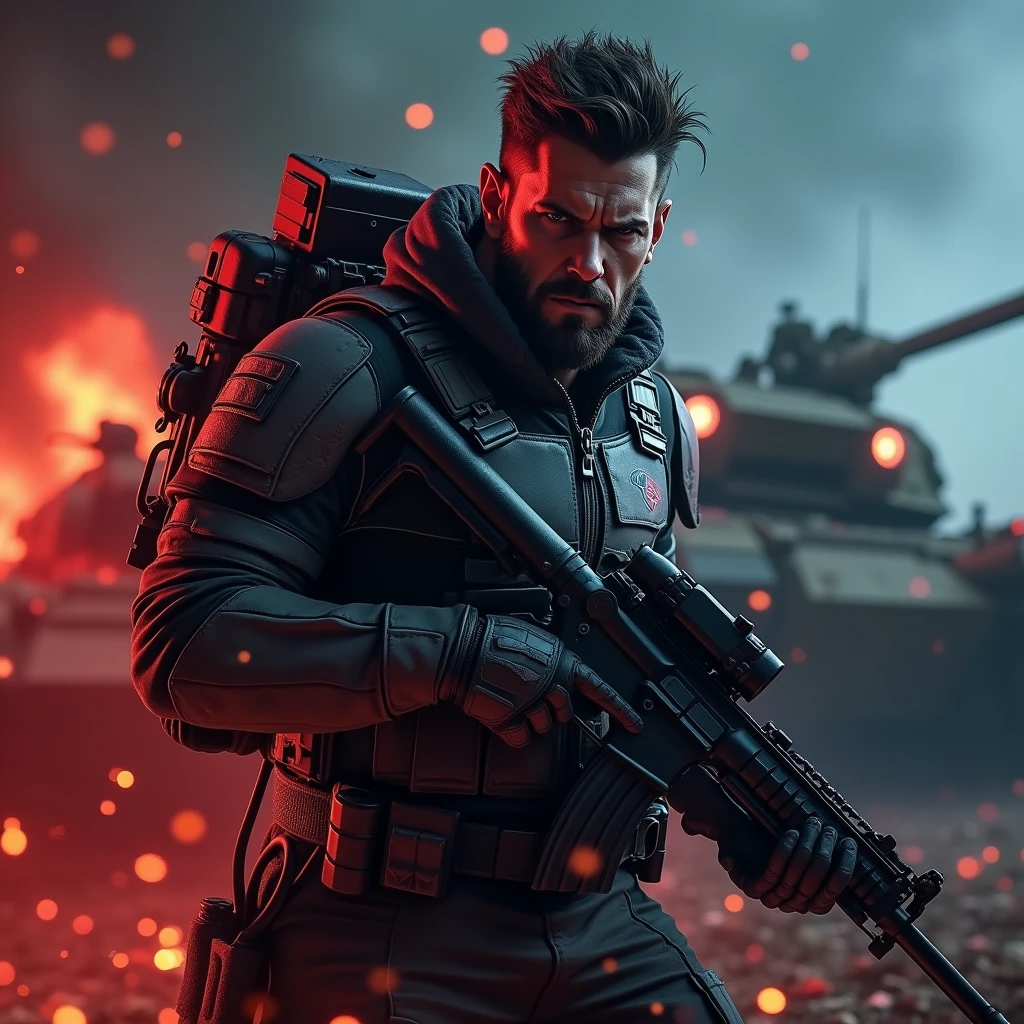 ((best quality)), ((masterpiece)), (detailed), perfect face image for game frame of a dangerous man with weapons in a war with angry mood and body language , with smokey red , blue and black back ground wearing a war costume surrounded by war tanks
And vechiel , with Sparky back ground change the person