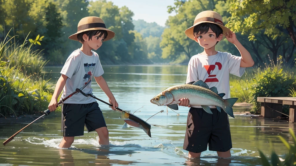 Boy в шляпе, сидит на деревянном мосту catches fish, hat, Boy, catches fish, fishing