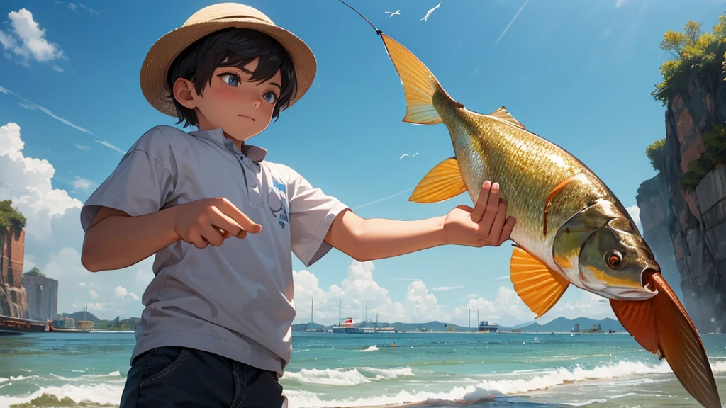 Boy в шляпе, сидит на деревянном мосту catches fish, hat, Boy, catches fish, fishing