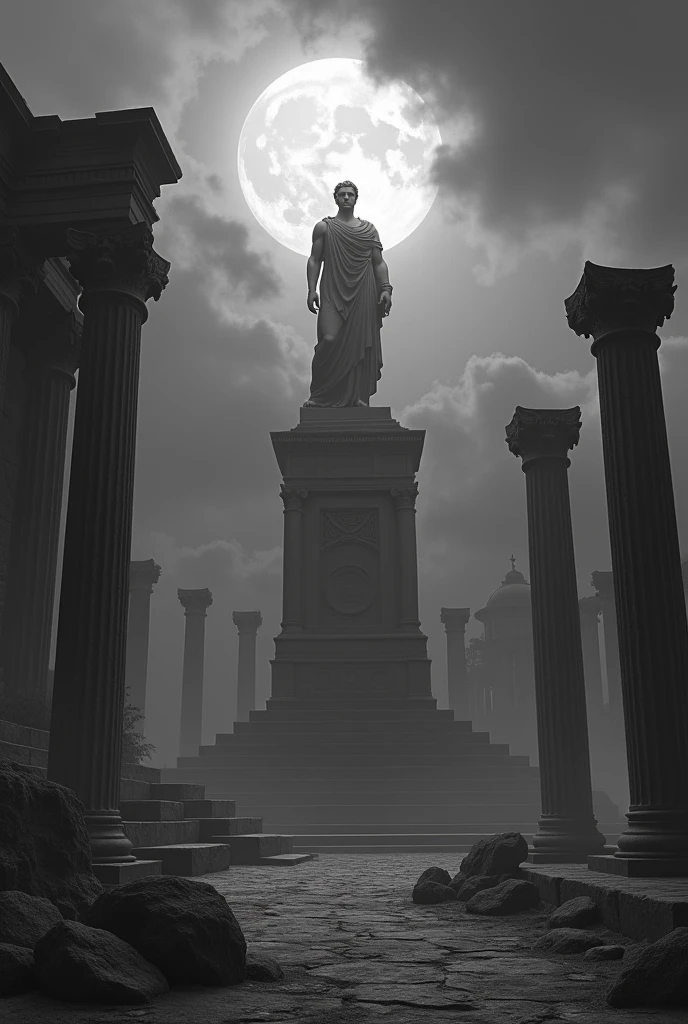 dark landscape image of an ancient greek society deeply connected to stoicism, black and white, ancient greek architecture, include one single big statue of a stereotypical strong greek man, marcus aurelius