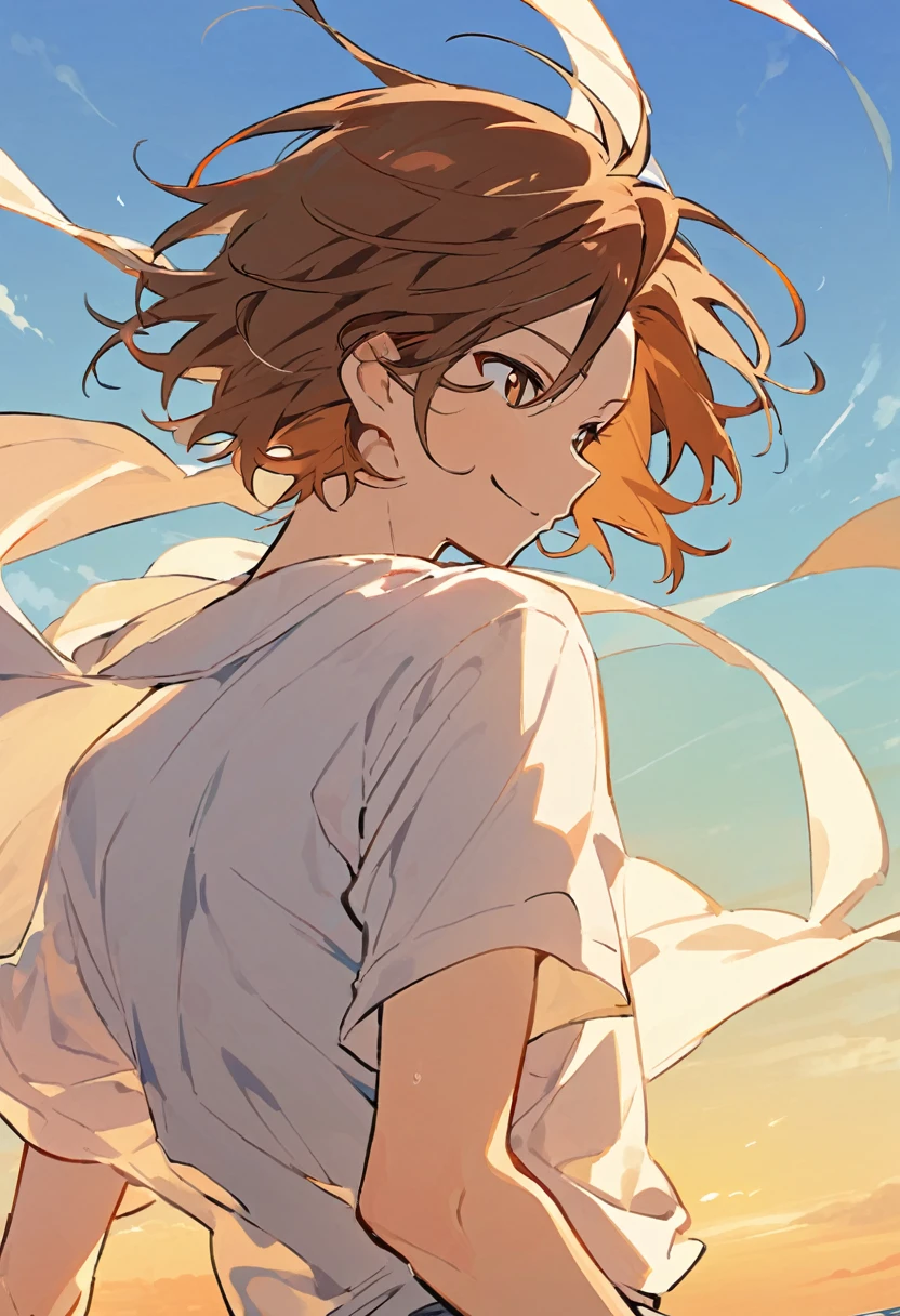  boy,Wearing a t-shirt under a shirt, Shirt blowing in the wind, A smiling face with its head turned away, brown hair, brown eyes