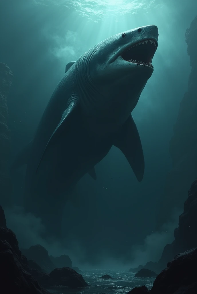 In the eerie darkness of the deep ocean, a monstrous megalodon lurks, its enormous shadow slowly gliding through the murky waters. The silence is broken by the distant, haunting echo of its low growl, reverberating through the abyss. Its cold, black eyes reflect the faint glimmers of light that barely pierce the depths, while its jagged, blood-stained teeth hint at countless brutal hunts. As it approaches, the water grows colder, and an overwhelming sense of dread fills the surrounding sea, as if the ocean itself is afraid of this ancient, unstoppable predator.