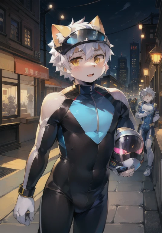 White male cat，boys，cute，Q version，Silver Hair，Detailed background，Wetsuit，Golden Eyes，Racing，Driver，Wear a helmet，倚靠在Racing上