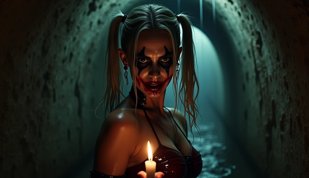 Image haute qualité 16K, photo réaliste, vu très proche. la femme, ressemblant à Margot Robbie sous les trais d'Harley Quin, se tient dans une catacombe étroite et sombre. Sa chevelure est mouillée, dégoulinant d'eau, tout comme son visage, où le maquillage emblématique d'Harley Quinn a commencé à couler. Les lignes noires de ses yeux se sont estompées en traînées sinistres, et son sourire rouge sanglant semble déformé, ajoutant à l'horreur de son apparence. L'expression de son visage est effrayante, avec un sourire moqueur qui dégage une menace palpable. Ses yeux, presque fous, scintillent d'une lueur malveillante, rendant son regard terrifiant. Les gouttes d'eau tombent lentement du plafond voûté et bas, donnant à la scène une ambiance encore plus oppressante et claustrophobe. Le plafond est si bas que sa tête semble toucher la voûte. elle tient une bougie tremblotante dans sa main, la faible lumière vacillante illuminant partiellement son visage tordu par un sourire cruel, tandis que le reste de la catacombe demeure plongé dans l'obscurité. La lueur de la bougie accentue les ombres sur son visage, créant des contrastes inquiétants qui amplifient la sensation de peur. L'arrière-plan est presque entièrement noir, flou, plongeant le reste de l'espace dans une obscurité insondable, comme si le mal émanait de cette noirceur. La combinaison de l'humidité étouffante, des murs suintants, et de l'expression terrifiante de la femme crée une scène de pure terreur, où le danger semble tangible, et la possibilité d'échapper à cette horreur est inexistante.