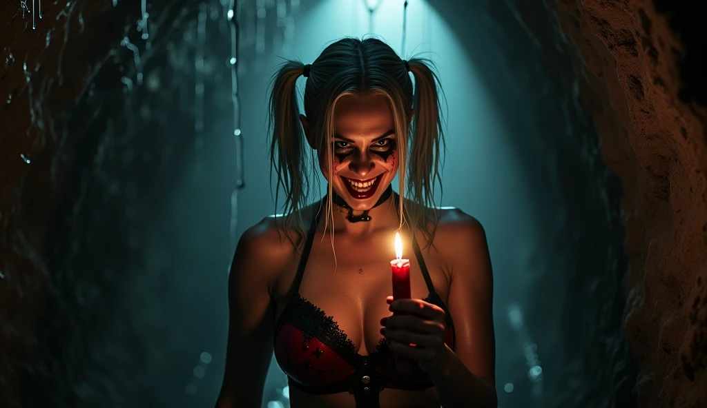 Image haute qualité 16K, photo réaliste, vu très proche. la femme, ressemblant à Margot Robbie sous les trais d'Harley Quin, se tient dans une catacombe étroite et sombre. Sa chevelure est mouillée, dégoulinant d'eau, tout comme son visage, où le maquillage emblématique d'Harley Quinn a commencé à couler. Les lignes noires de ses yeux se sont estompées en traînées sinistres, et son sourire rouge sanglant semble déformé, ajoutant à l'horreur de son apparence. L'expression de son visage est effrayante, avec un sourire moqueur qui dégage une menace palpable. Ses yeux, presque fous, scintillent d'une lueur malveillante, rendant son regard terrifiant. Les gouttes d'eau tombent lentement du plafond voûté et bas, donnant à la scène une ambiance encore plus oppressante et claustrophobe. Le plafond est si bas que sa tête semble toucher la voûte. elle tient une bougie tremblotante dans sa main, la faible lumière vacillante illuminant partiellement son visage tordu par un sourire cruel, tandis que le reste de la catacombe demeure plongé dans l'obscurité. La lueur de la bougie accentue les ombres sur son visage, créant des contrastes inquiétants qui amplifient la sensation de peur. L'arrière-plan est presque entièrement noir, flou, plongeant le reste de l'espace dans une obscurité insondable, comme si le mal émanait de cette noirceur. La combinaison de l'humidité étouffante, des murs suintants, et de l'expression terrifiante de la femme crée une scène de pure terreur, où le danger semble tangible, et la possibilité d'échapper à cette horreur est inexistante.