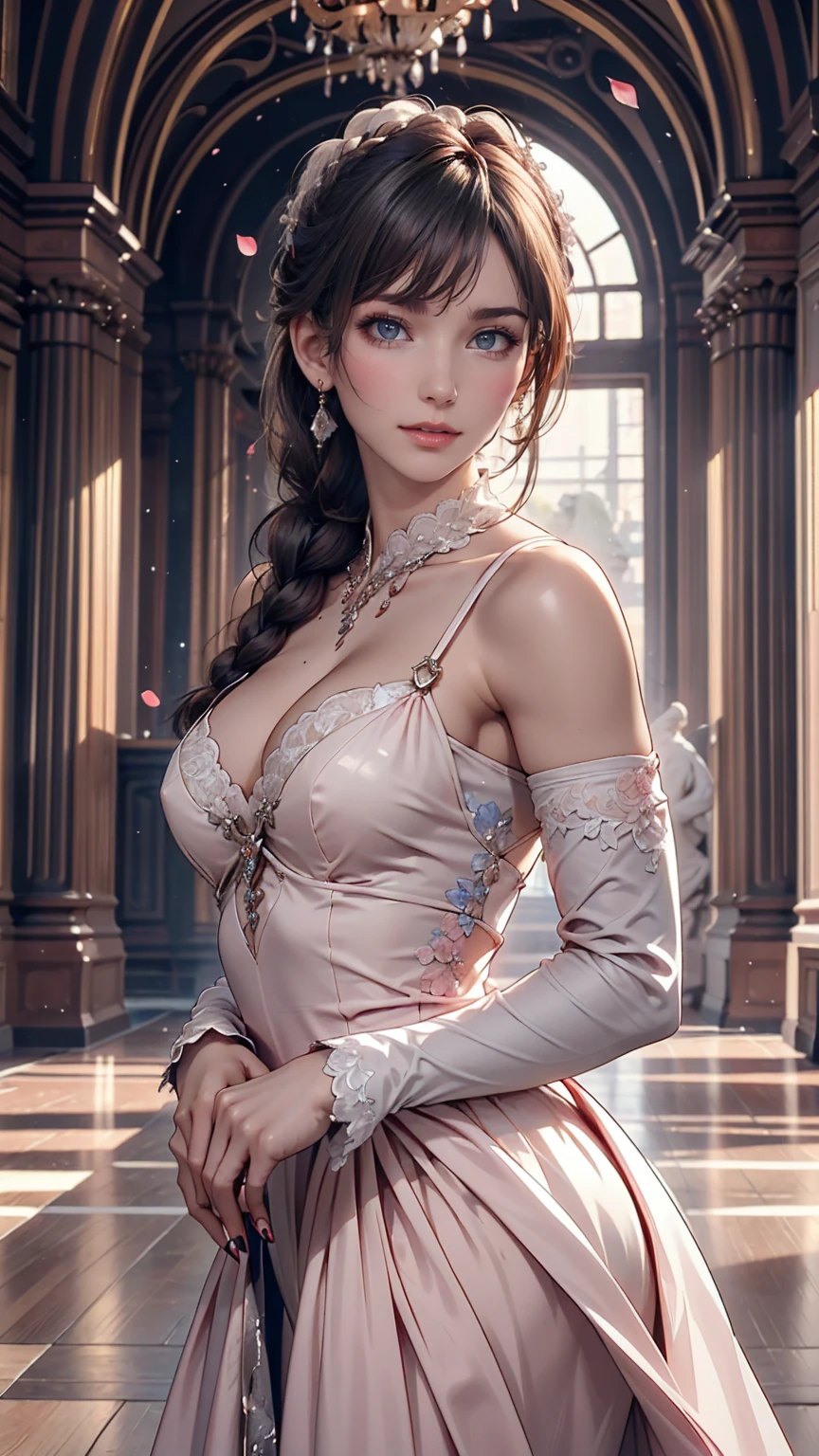 woman, Severe, elegant, Pink Dress, Aristocratic, silver element, Long nails, Exposing shoulders, Hairstyle, Put your hair up, Braids and ponytails, Messy, arrogant, Absurd, Detailed dress, Royalty, celebration, Hall decorated with flowers, Cowboy Shot, Portraiture, (Highest quality), (masterpiece), (Very detailed), (4K)
