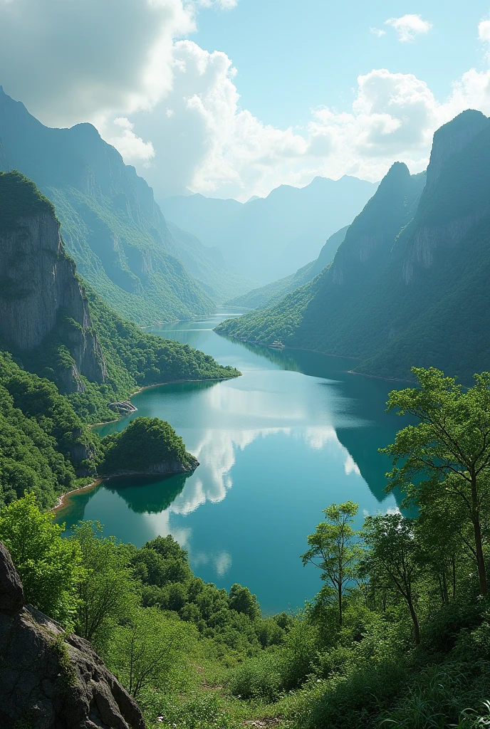 A full beautiful valley with a sweet lack and full greenery which looks like that it's not realistic 