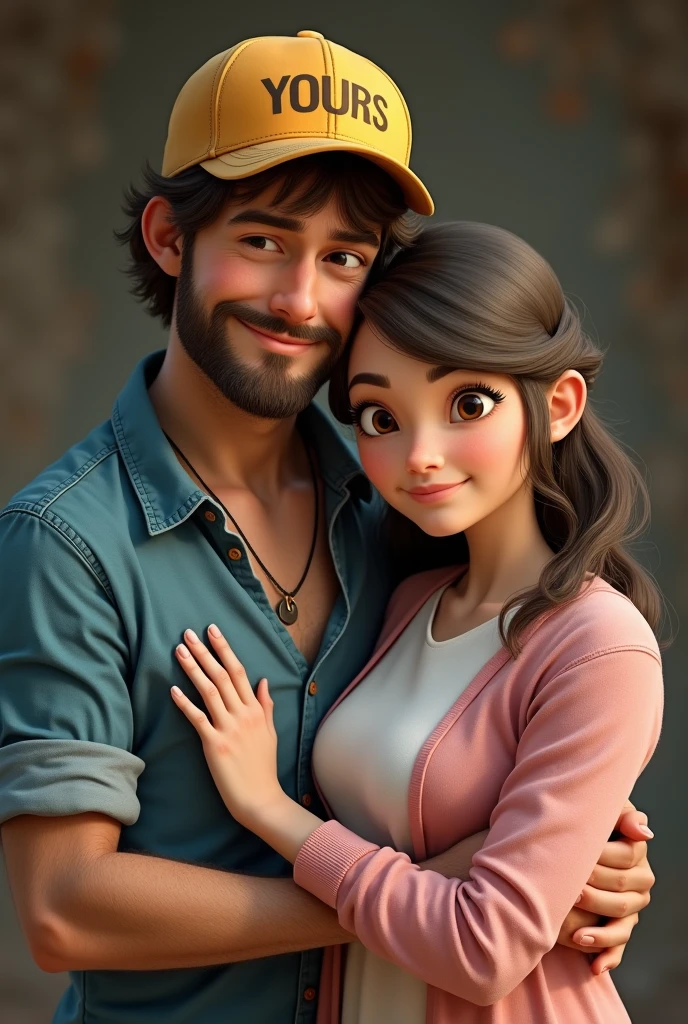 A guy wearing a rusty blue shirt with buttons closed and a yellow cap that has YOURS written in black infront of it he had thin beard also and is wearing a black jeans whose left hand is held by a cute and chubby girl who is wearing a light pink and white colored long dress that has a elbow length light pink colored coatie and her hair is open and comes about lower than her shoulders and she is resting her head over the guys shoulder and facing us at the front and both are happy and in Love with each other both the guy and the girl are facing front screen and their eyes must be at the front and with a smile girls eyes are also facing front and their height is same 