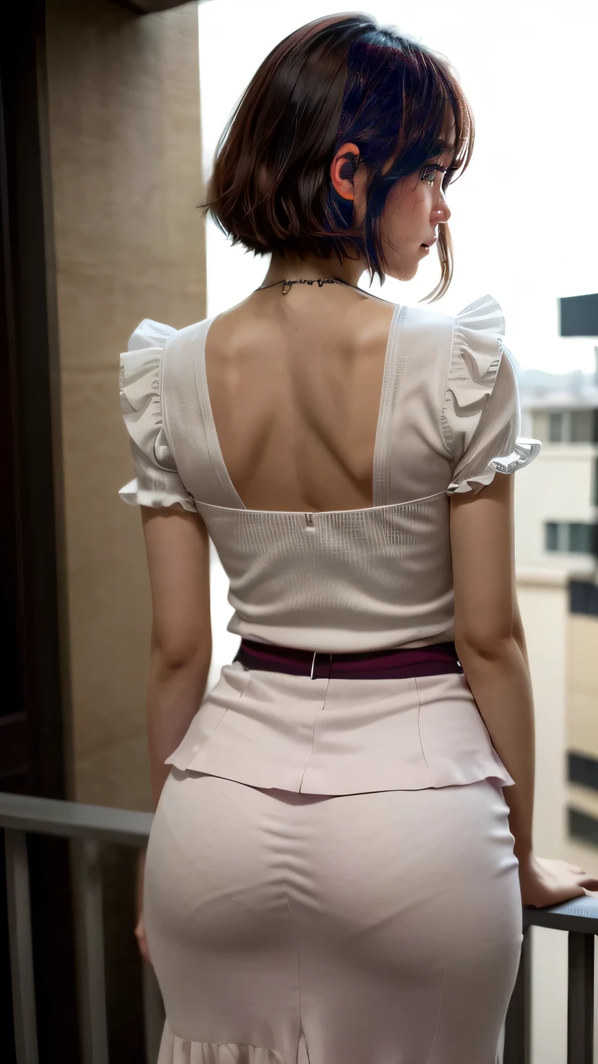 (A Japanese woman looking back on a balcony with a night view:1.4、p-line:1.4)、(Realistic、Like a photograph、Live Action、8k, Realistic, RAW Photos, Best image quality: 1.4), Single-lens reflex camera、RAW Photos, Highest quality, Realistic, Very detailed CG Unity 8k wallpaper, Written boundary depth, Cinematic Light, Lens flare, Ray Tracing, Realistic background、(Blouses with ruffles:1.4、Tight long skirt:1.1、Mermaid Skirt、Attractive hip line、Line of panties)、((ultra high density skin))、 Cute Japanese Woman、((whole body:1.5))，(short hair:1.2、tie your hair with a hair clip)、I like that style、stylish、Very detailed、Pay attention to the details、Perfect outfit、(Sunburned skin)、View from behind