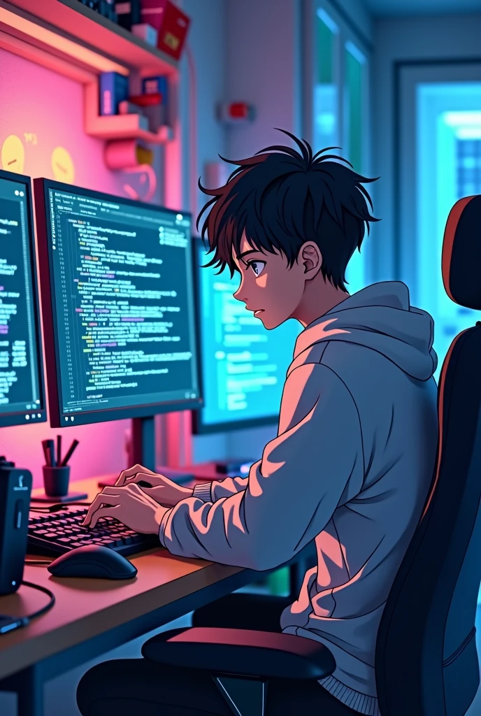 create a male anime character by programming in front of the computer