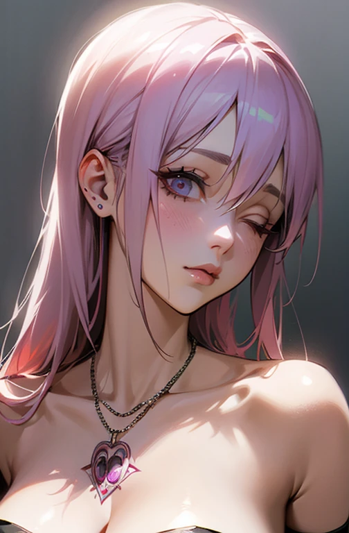 Cool women、sexy、Center of chest、Rize from Chainsaw Man、beauty、Yandere、、Face close-up、Kiss with your eyes closed、Chest tattoo、Christian Dior Necklace、(Background white)、