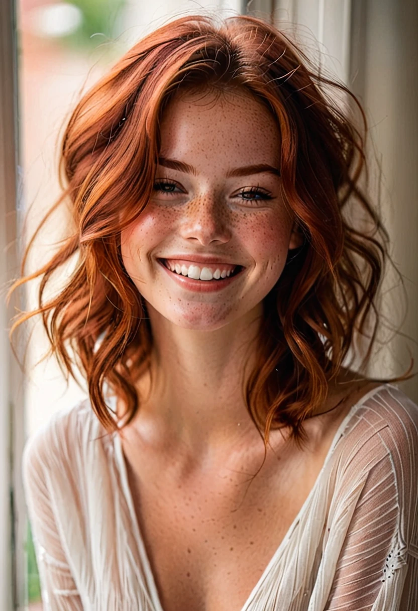 1 beautiful girl, alone, upper body, cheeky laugh, reddish brown hair, silky soft skin, few freckles on the nose