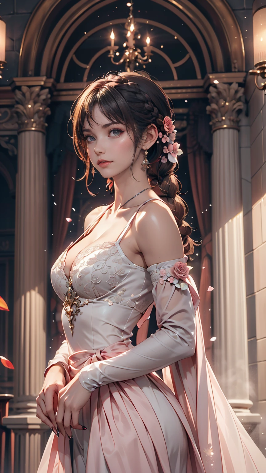 woman, Severe, elegant, Pink Dress, Aristocratic, silver element, Long nails, Exposing shoulders, Hairstyle, Put your hair up, Braids and ponytails, Messy, arrogant, Absurd, Detailed dress, Royalty, celebration, Hall decorated with flowers, Cowboy Shot, Portraiture, (Highest quality), (masterpiece), (Very detailed), (4K)