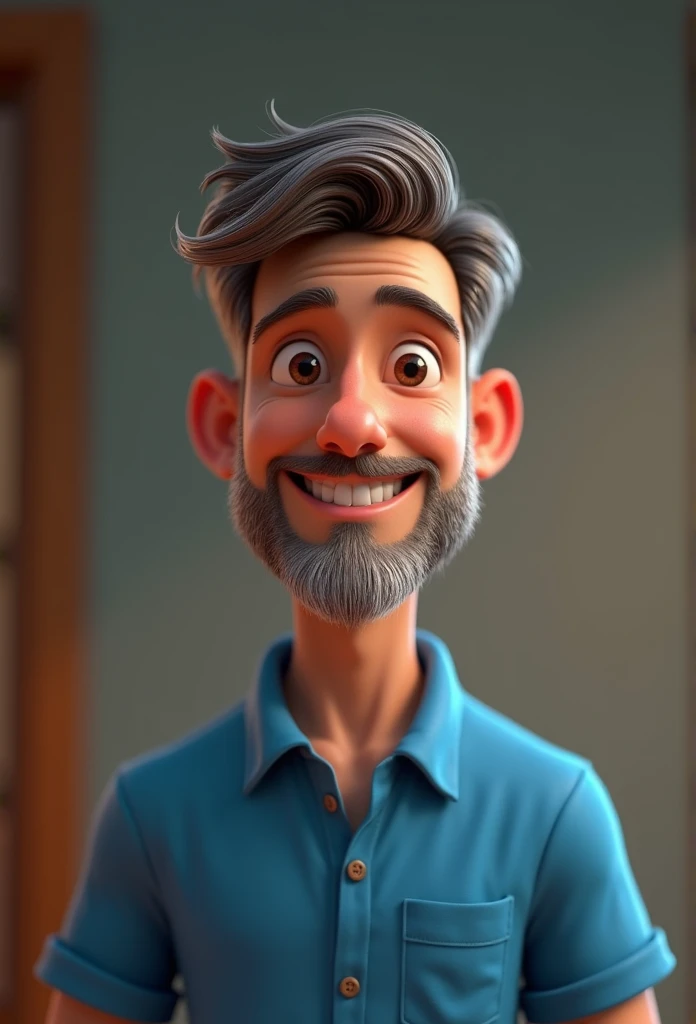 Cartoon character of a man in a blue shirt, 30years, with a beard with some white hairs, very short hair, animation character, stylized character, animation style rendering, 3d stylized, Arnold Maya rendering, Stylized 3D rendering, toon render screenshot, 3d character, 3d character, Stylized 3D rendering, 3D character rendering, cartoon character, Personagem de close up, character posing, (Pixar-style) (master part:1.2) (bokeh) (best qualityer) (skin detailed) (detailed texture) (8k) (Argilla) (cinematic lighting) (sharp focus