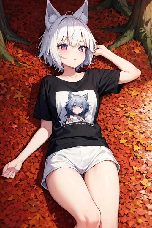 A girl with short white hair and wolf ears is walking through an autumn forest wearing a T-shirt and sweatshirt, facing forward and lying on her back with her legs spread apart