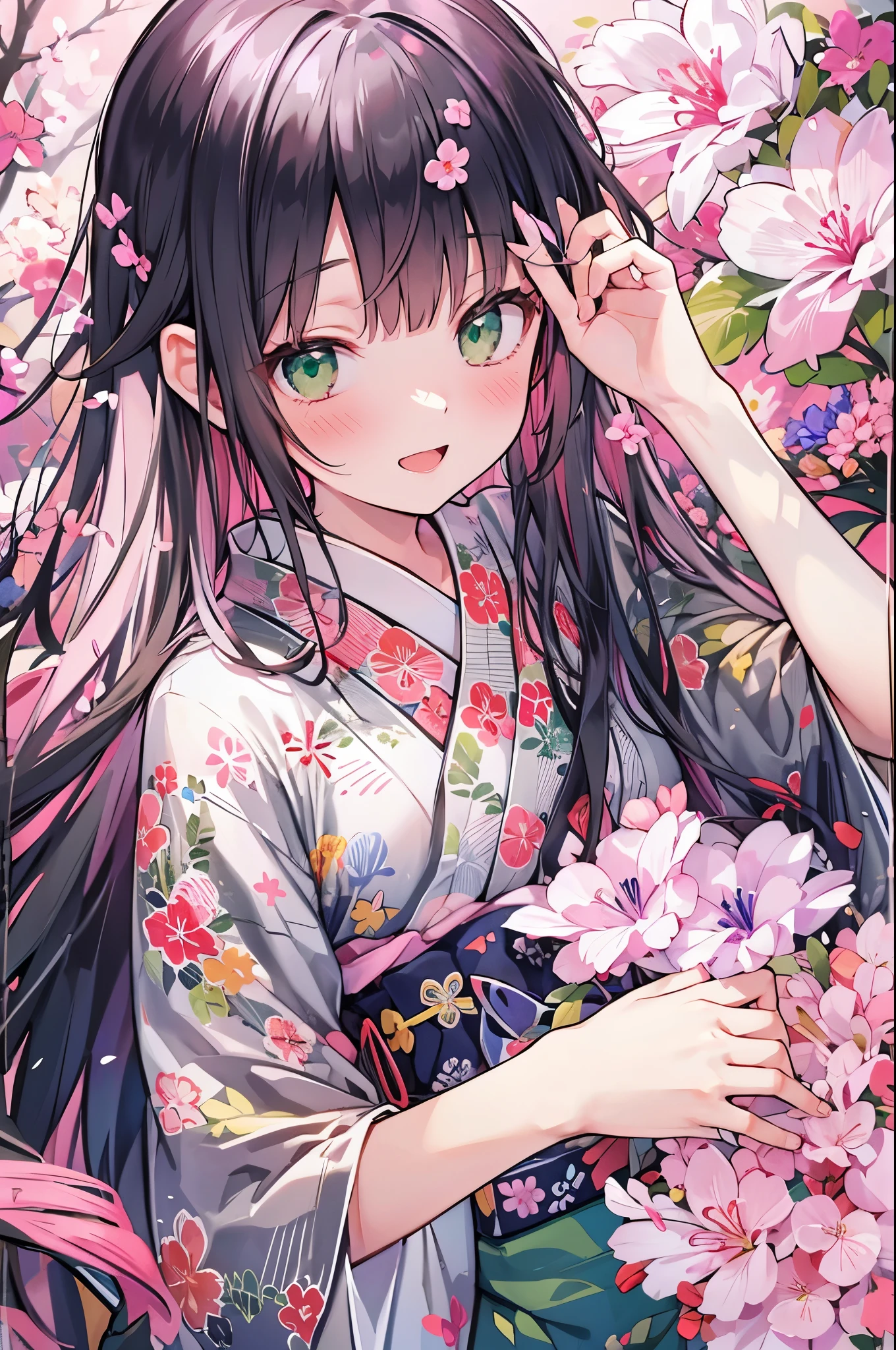 ((Highest quality, 8k, masterpiece: 1.3)), whole body,1 personの,1 person,,Glamorous Body,cute,smile,Black Hair,Beautiful emerald green eyes,long hair,((yukata,Half-dressed,Bright pink fabric with morning glory pattern)),night,In the room,