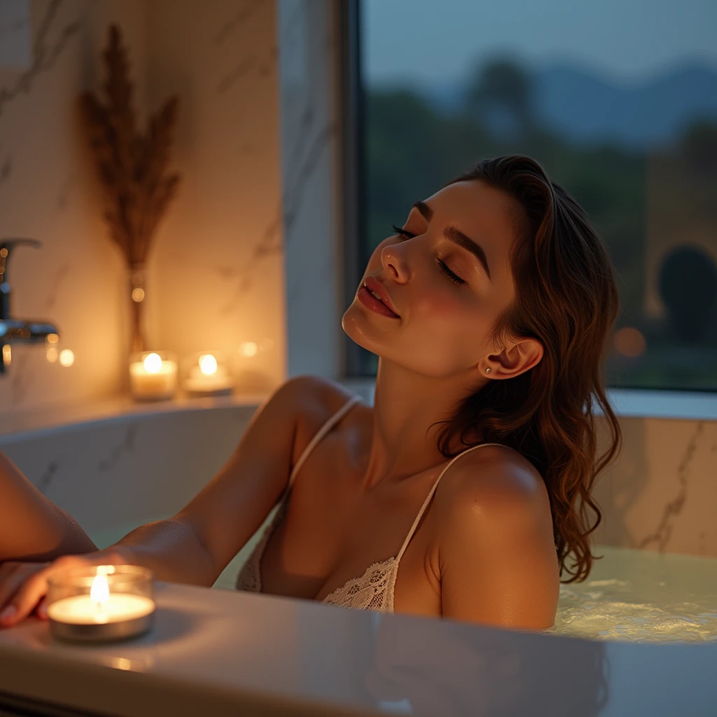 Pose: Soaking in Serenity

Model: Instagram female model, light brown hair, darkened green eyes, tan skin, fit to athletic build.

Position: The model is reclining in a luxurious bathtub, her back resting against the edge. Her hair is wet and slicked back, with water droplets glistening on her skin. One leg is slightly bent, peeking out from the water, while her arms are draped along the sides of the tub. Her eyes are closed, and she’s wearing a soft, serene expression.

Clothing: A delicate lace bralette, just visible above the waterline, adding a touch of elegance and femininity to the scene.

BG: The background features a chic, modern bathroom with marble tiles and soft, ambient lighting. Candles are lit around the tub, casting a warm glow, and a window in the background offers a glimpse of the night sky, adding a tranquil, intimate atmosphere.