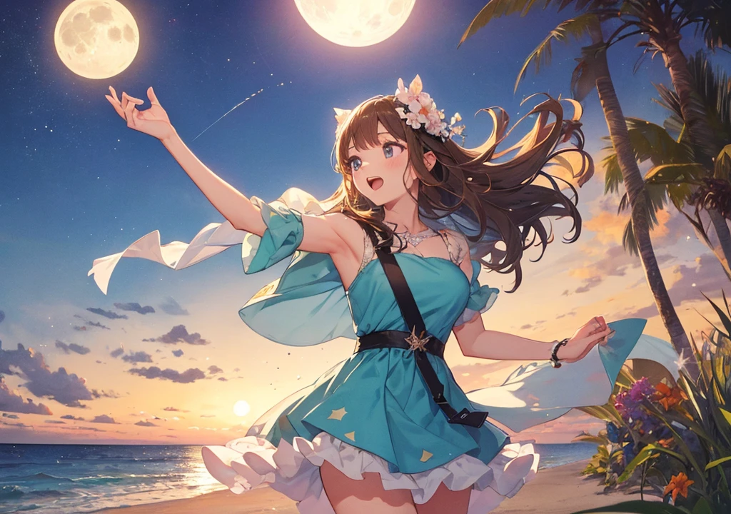 A beautiful girl wearing a Disney princess-style dressy outfit at a garden pooting set on the beachside of Ibiza. Please express the appearance of singing and dancing lightly on the moonlit beach