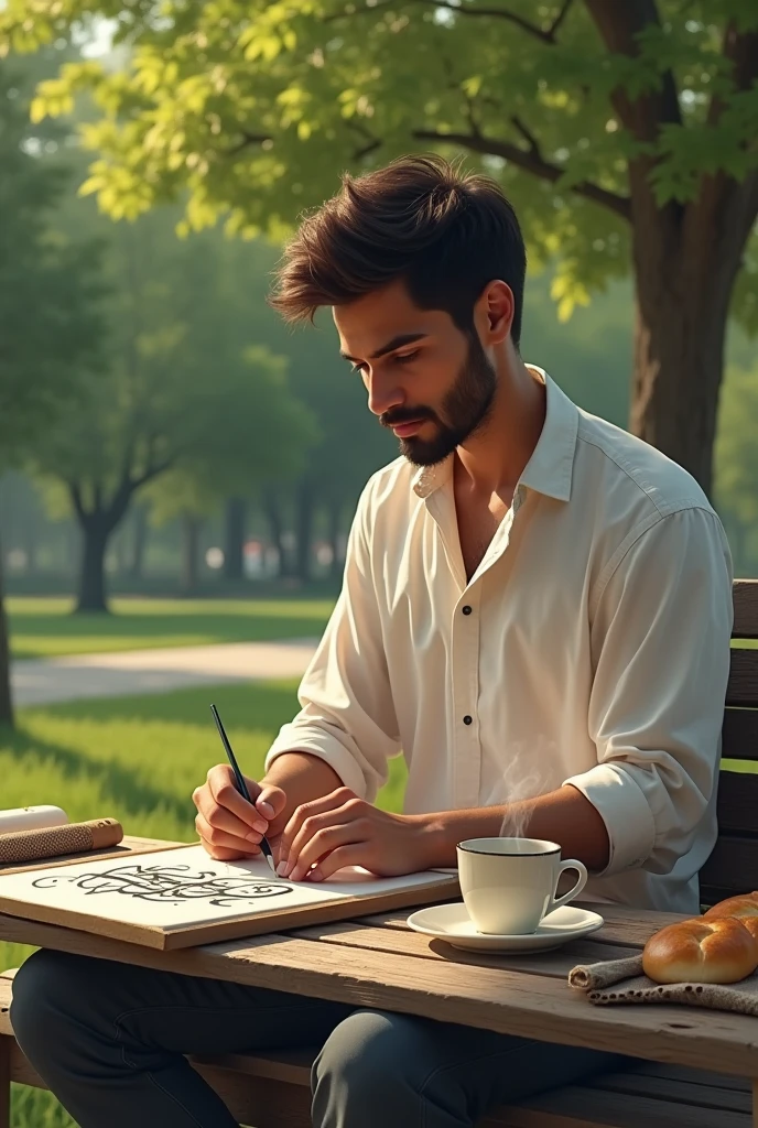 A young man is sitting in the park painting Arabic calligraphy accompanied by a cup of hot coffee and a packet of bread and occasionally he drinks the coffee and eats the bread.