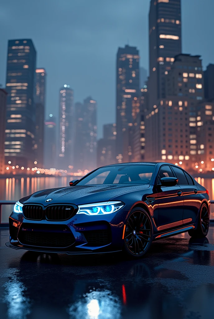 BMW M5 CS BLACK
Behind it is water and buildings illuminated at night.
And the car lights are blue