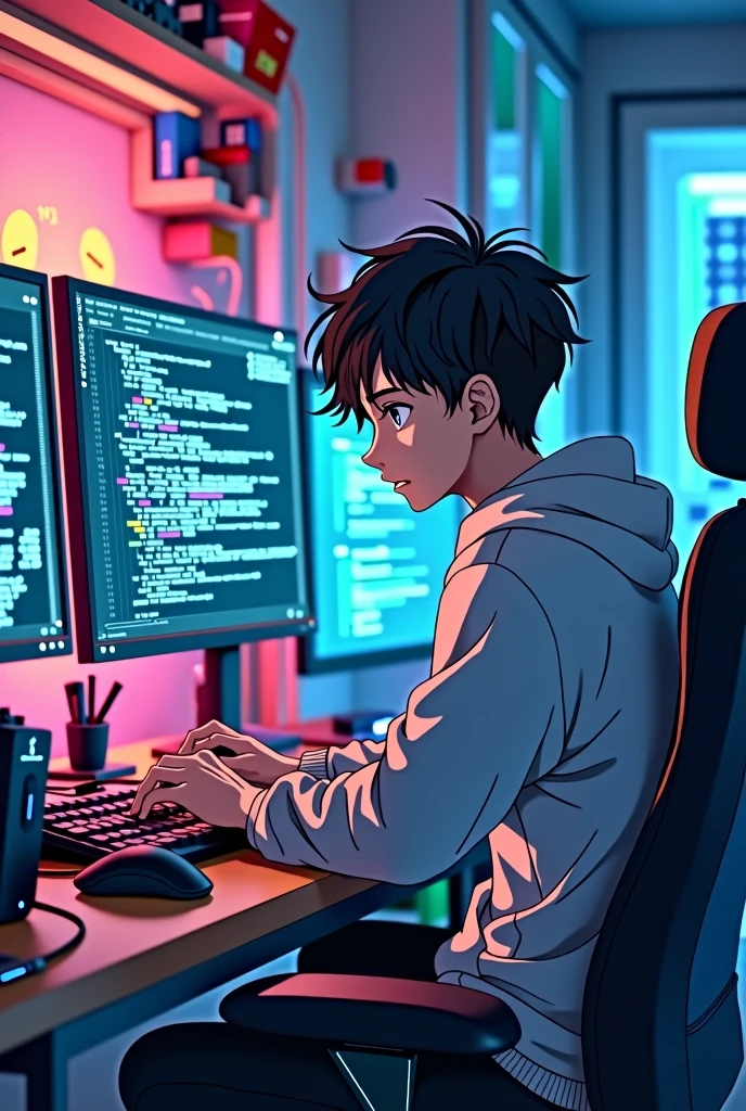 create a male anime character by programming in front of the computer