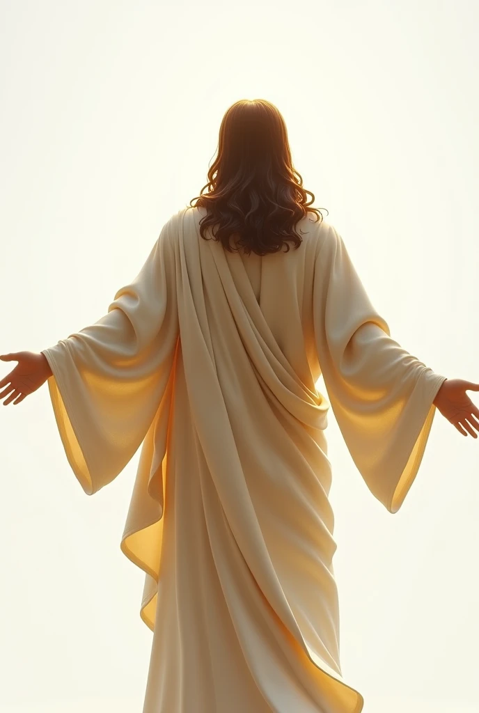 Jesus Christ from behind with open arms on a white background , intricate details, warm colors