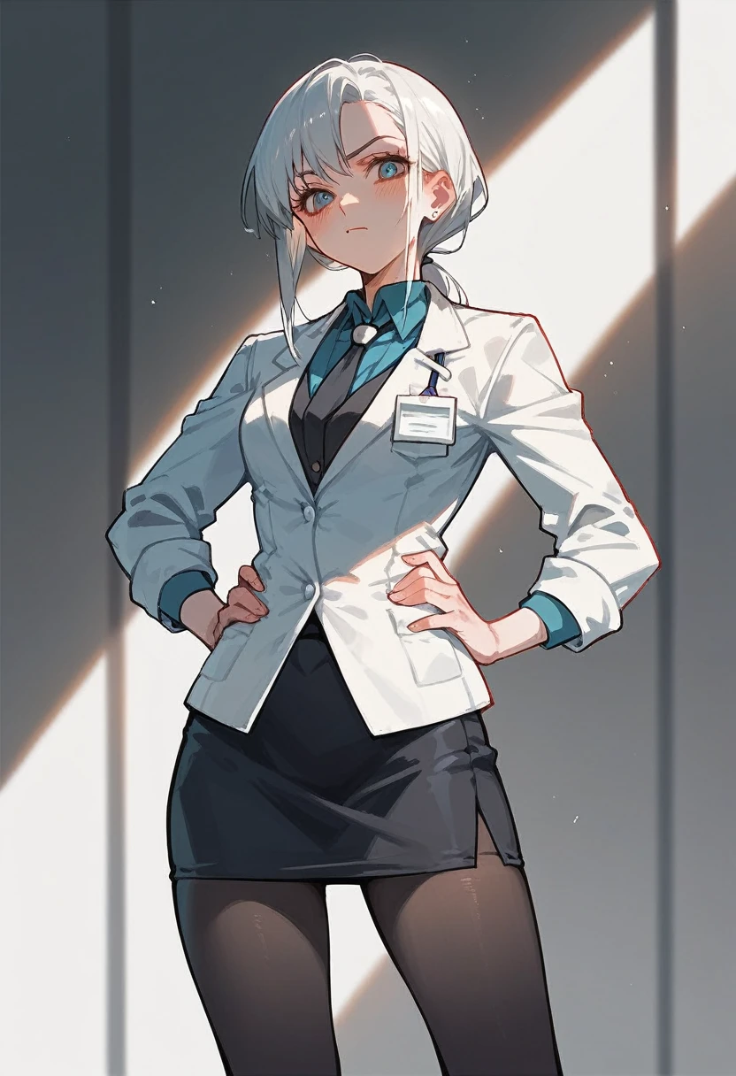 Female doctor mini skirt black tights White Cool face Hands on hips
