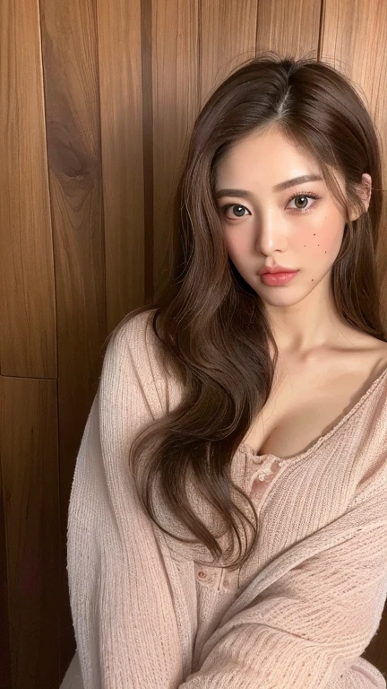 ((Highest quality, 8k, masterpiece: 1.3)), 1 female, Japanese Mature,Sensual beauty: 1.3, (Hair style Brown hair Medium wave, big: 1.2), Nightwear: 1.1, Super Slender Face, Delicate eyes, double eyelid, Dimples,Mole, Home,Plump body, Cleavage, very thick legs, Cowboys photographed from the air