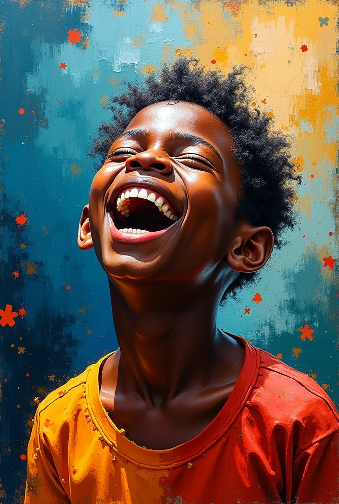 Create an expressionistic painting of a young african autistic boy who loves music