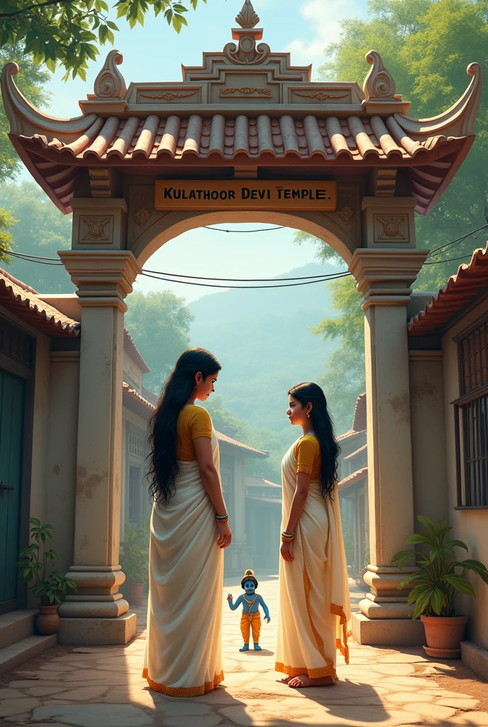 A temple arch in a village. wrote KULATHOOR DEVI TEMPLE in the arch. A little blue krishna is standing in front of the arch. A girl wear off white colour saree with golden colour blowse view from behind and talking something to krishna 