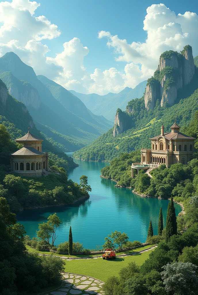 A full beautiful valley with a sweet lack and full greenery which looks like that it's not realistic with luxury villas