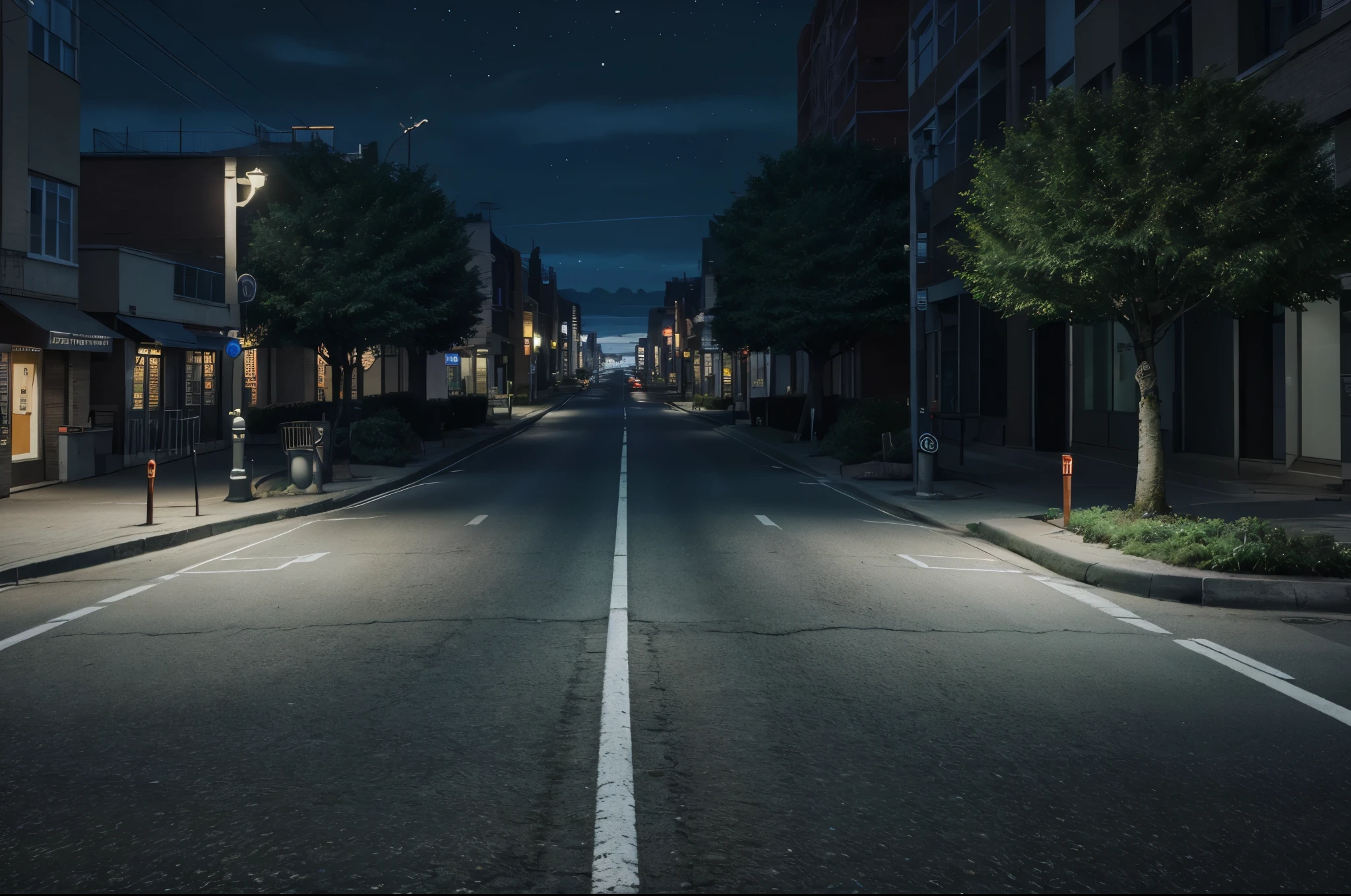 quiet night at city, POV, walking on street view, realism, ultra HD result, 4k, very detailed, midnight, no lights, no people