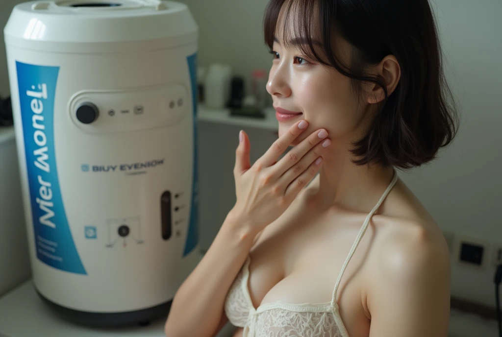 A naked Japanese girl shows her face in pleasure as a milking machine touches her breasts