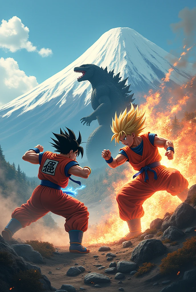 Goku MUI and Vegeta Ego who are fighting in Mount Fuji in Japan and Godzilla  is behind watching them.