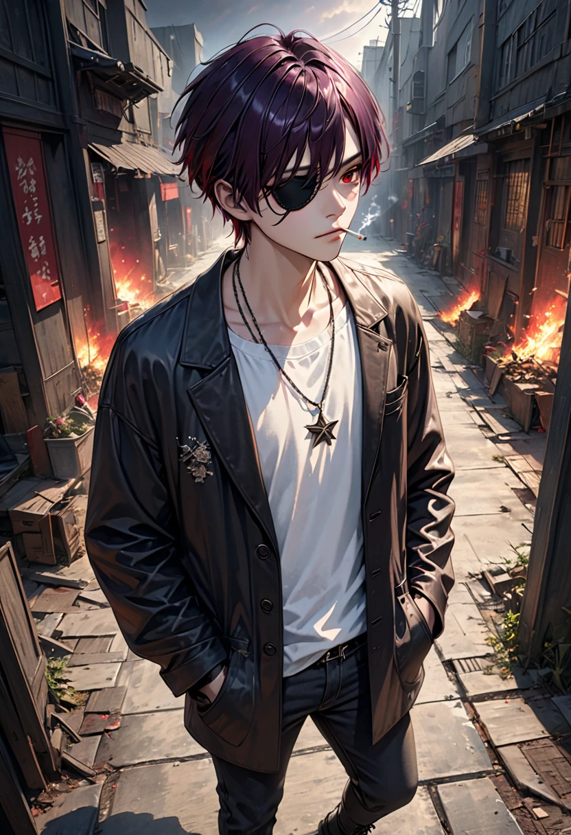 A handsome young man with black short messy hair, dark purple inner hair color, wearing a black eyepatch, a cold expression with a dark smile, holding a burning cigarette in his mouth, a scar on the eye with the eyepatch, crimson red eye pupil color with star-like shining pupils, wearing a necklace, a black long coat in a modern style, a white shirt with Japanese text, black jeans, a skeleton belt, and black boots, standing with his hand in his pocket, (best quality,4k,8k,highres,masterpiece:1.2),ultra-detailed,(realistic,photorealistic,photo-realistic:1.37),dark moody atmosphere,dramatic lighting,dark and gritty style,cinematic,chiaroscuro,dramatic pose,character portrait