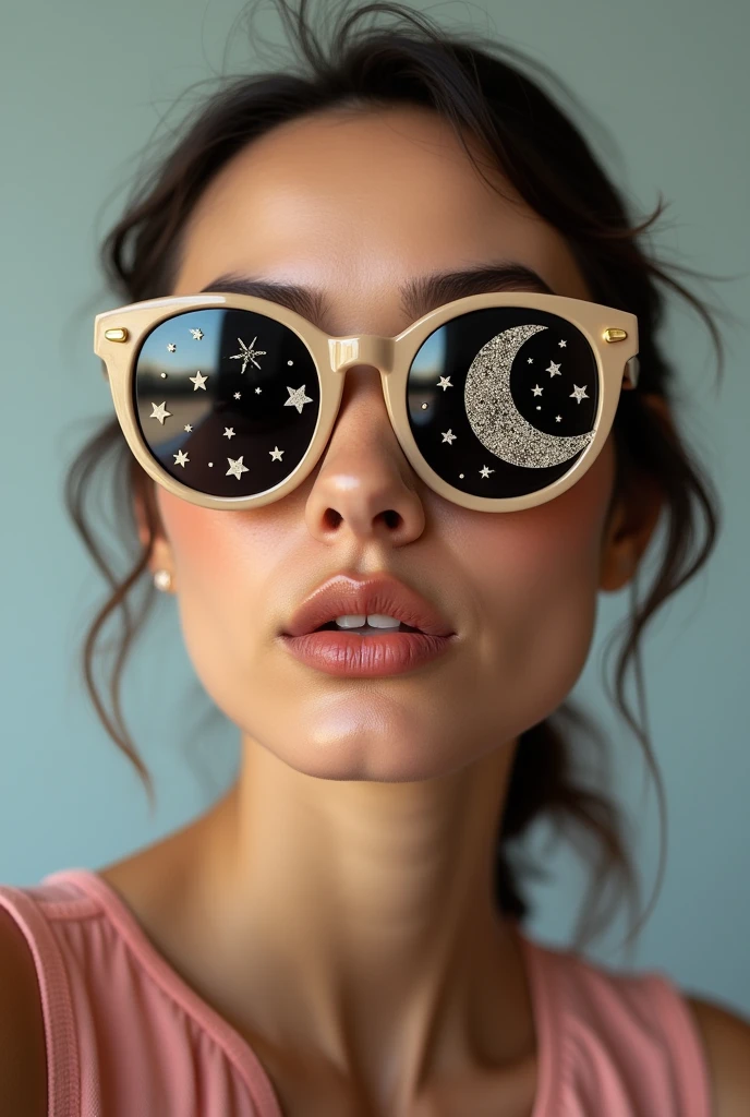 The model is wearing glass sunglasses with stars and the moon on the glass