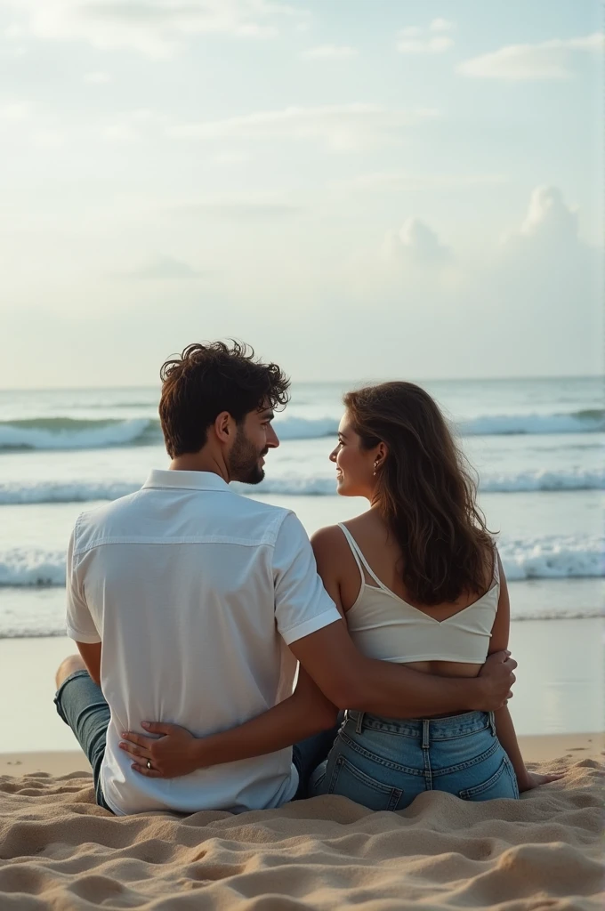 ((Couple sitting Next to each other at the Beach. He hugs her with one arm and they are looking at eatch other.