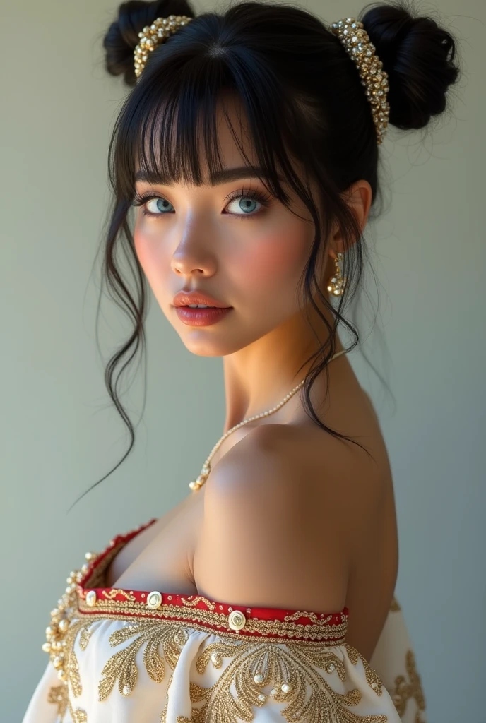 Mexican A beautiful pale-skinned Latina , eyes blue, full body, perfect body, two buns, straight bangs, (best quality,4k,8k,highres,masterpiece:1.2),ultra-detailed,(realistic,photorealistic,photo-realistic:1.37),HDR,UHD,studio lighting,ultra-fine painting,sharp focus,physically-based rendering,extreme detail description,professional,vivid colors,bokeh,portraiture,glamour,sensual,alluring,wear mexi, in style of Retna, full body, write the name Sofia with glitter  
