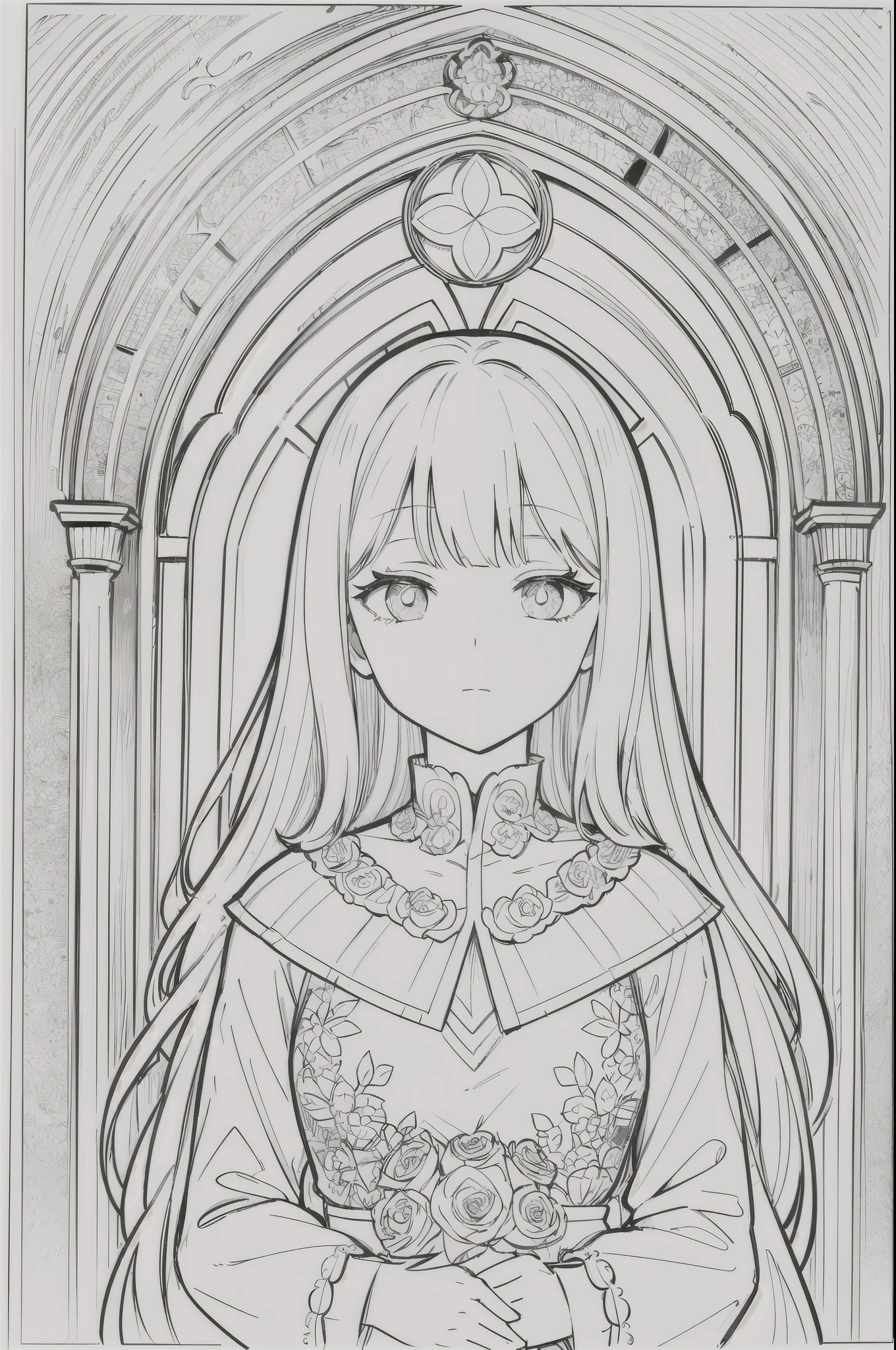 ((As a coloring book, the colors should be black and white, and the borders should be simple, clear, distinct and thick lines.)) A portrait of a European sleepy woman's face, with a pretty floral patterned dress, white hair, abstract, sketch, lines and scenes of characters without color and shadow. In the background you can see a large stained glass window of a church.