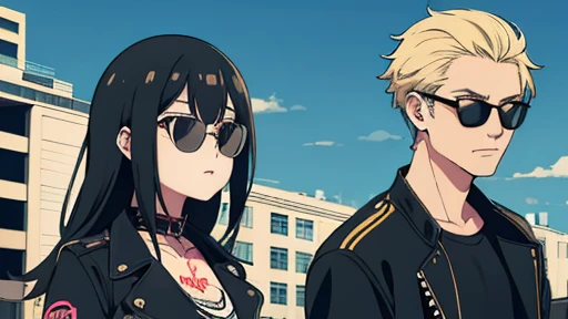 score up_9,score up_8,score up_7,best quality,super fine illustration,super detailed,8k, source_アニメ,1boy and 1girl,Punk Style,In town,BREAK,tattoo,black jacket,cool,sunglasses,holdingknife,
